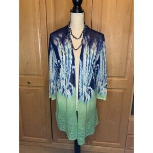 Chicos Women’s 2 US L Lightweight Blue & Green w/Lace Trim Long Sleeve Cardigan